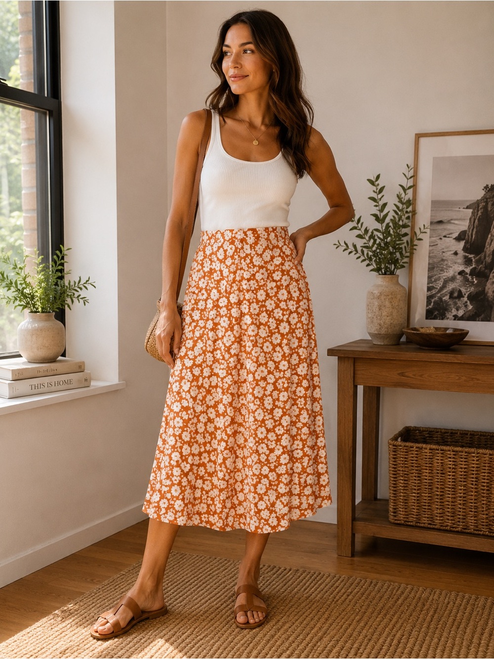 Floral A-Line Midi Skirt Orange & White Daisy Print Size M